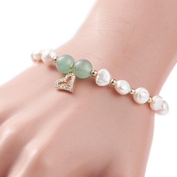 NWOT Natural Green Aventurine & Pearl Beaded Bracelet W CZ Heart Charm - Picture 3 of 6